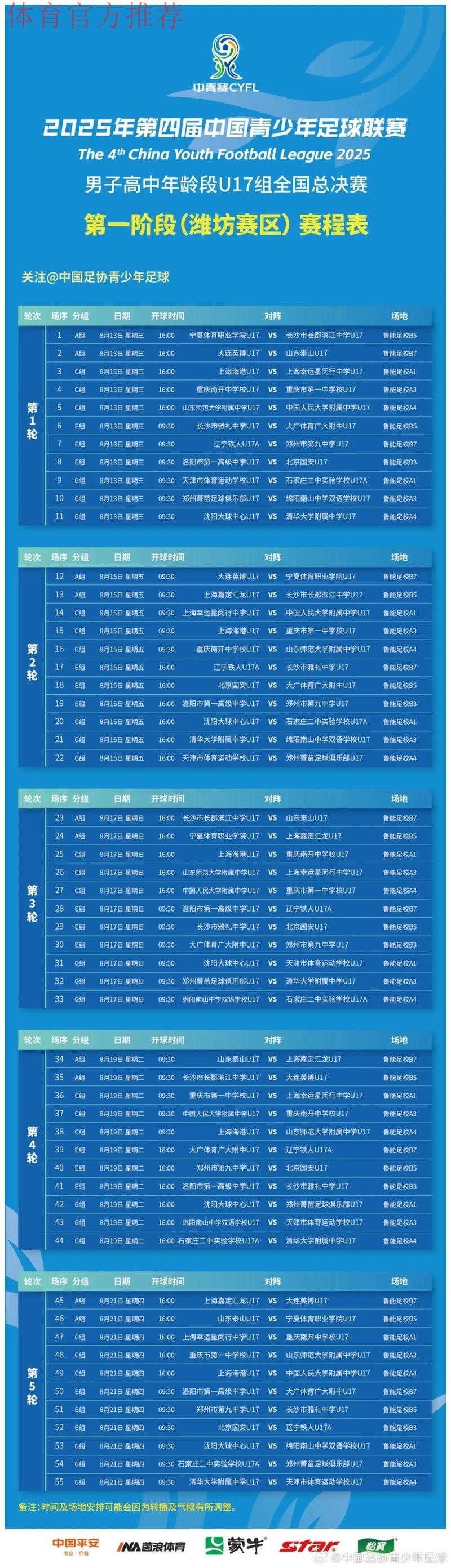 第一届中国青少年足球联赛（男子高中年龄段U17组）总决赛24强对阵出炉